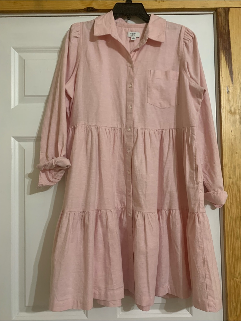 crown & ivy Pale Pink Tiered Button-Down Shirt Dress